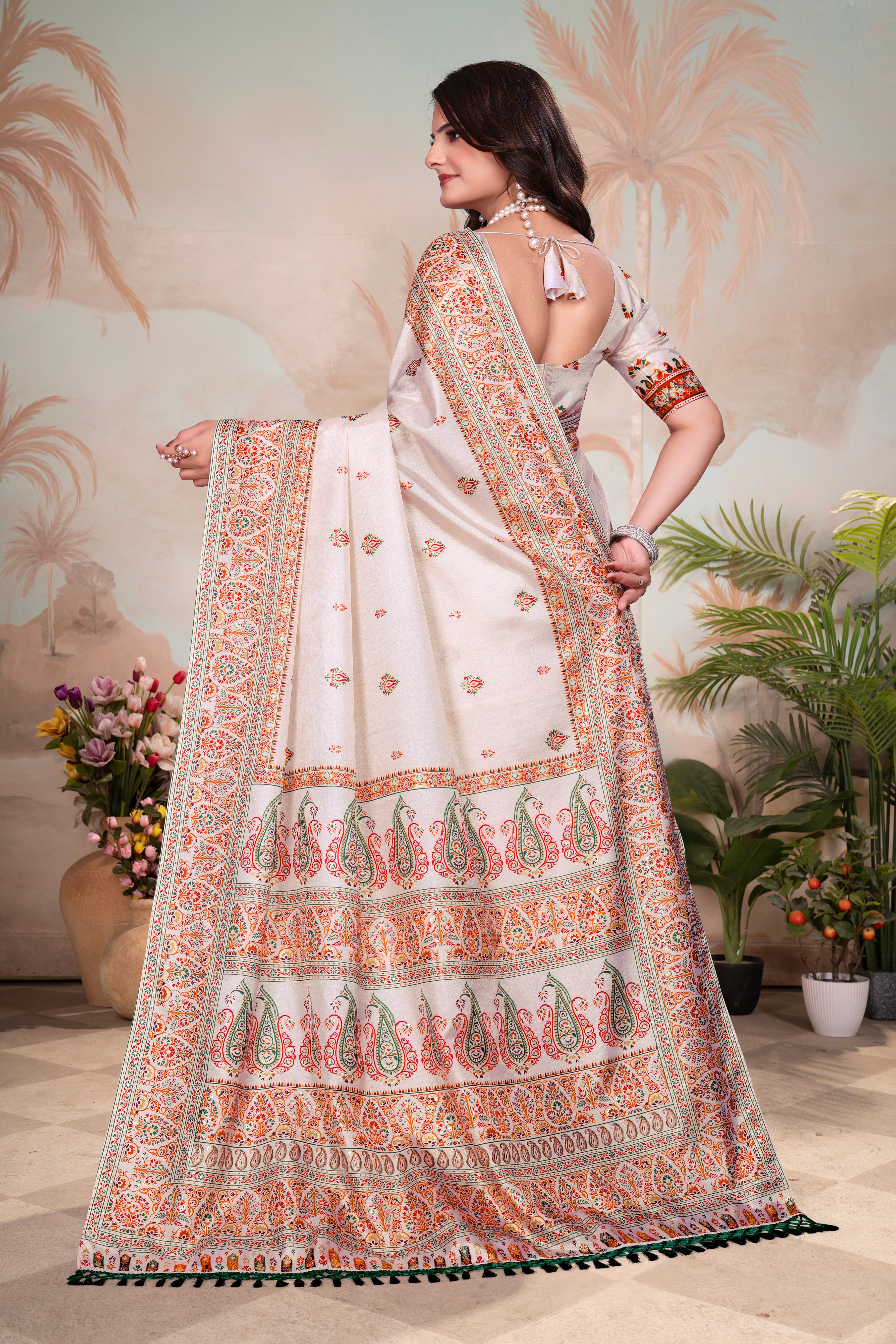 Ivory Paisley- White Organza Floral Print Saree