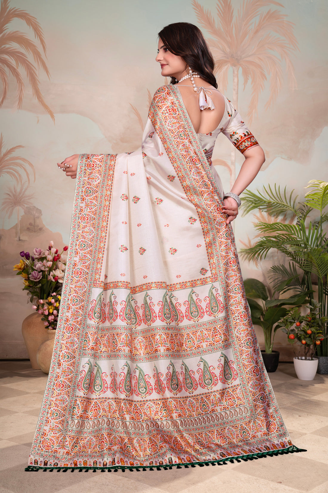 Ivory Paisley- White Organza Floral Print Saree