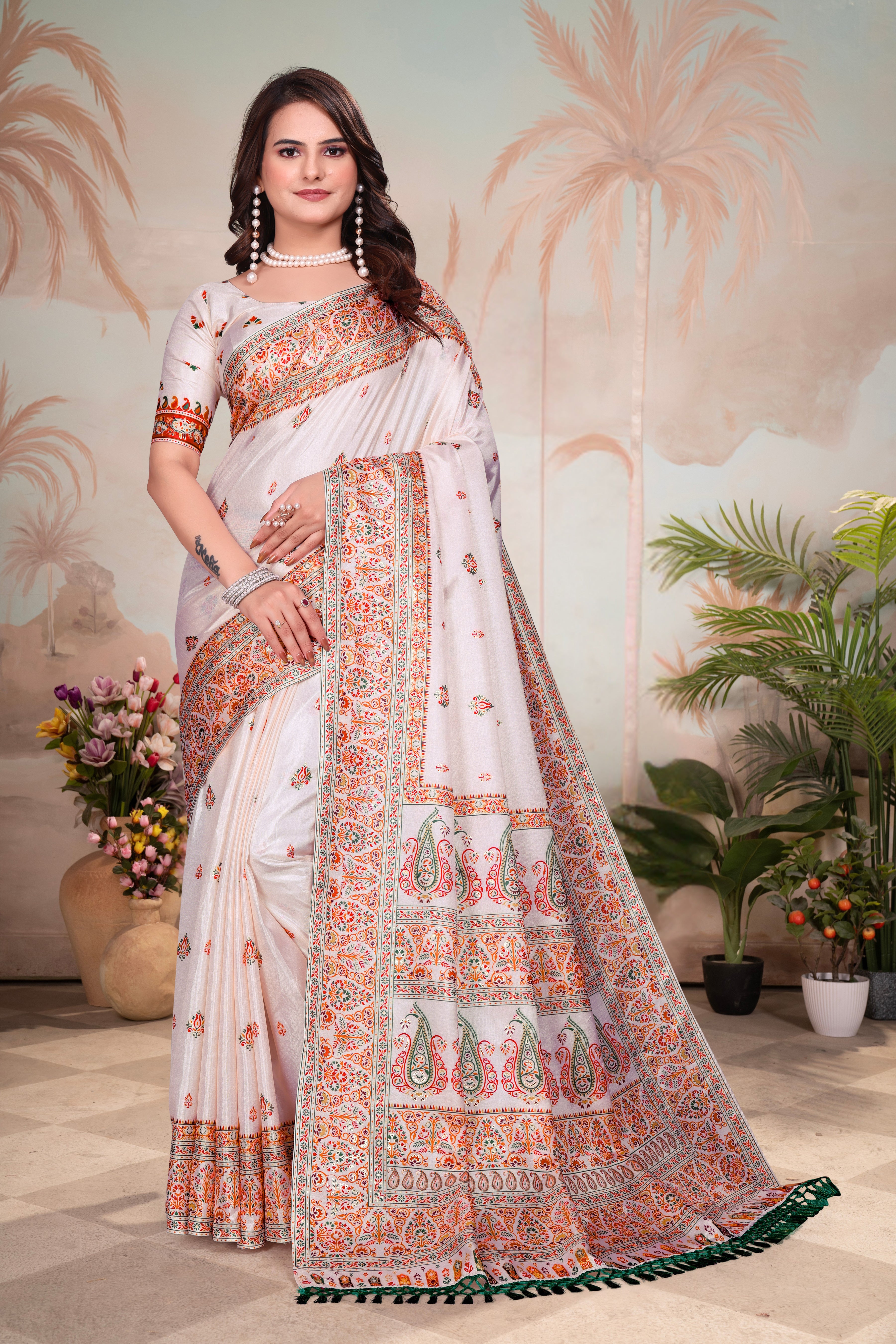 Ivory Paisley- White Organza Floral Print Saree