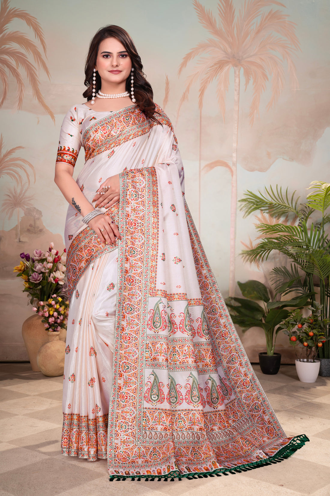 Ivory Paisley- White Organza Floral Print Saree