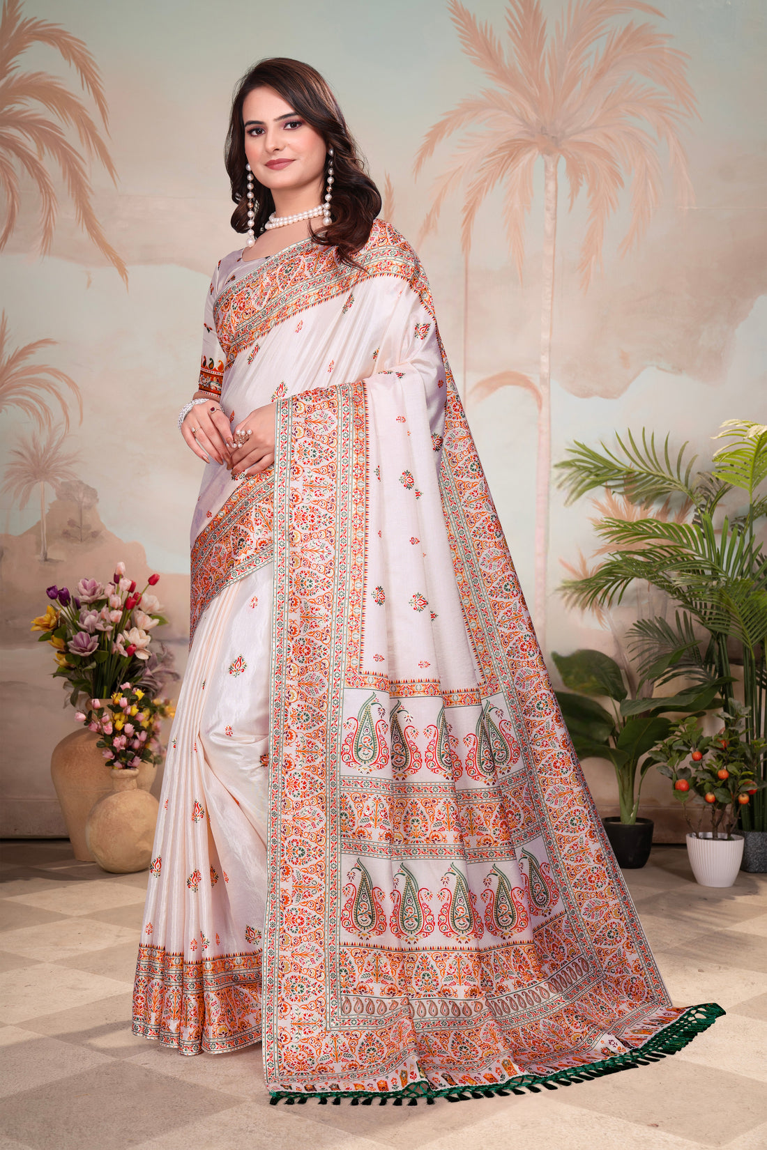 Ivory Paisley- White Organza Floral Print Saree