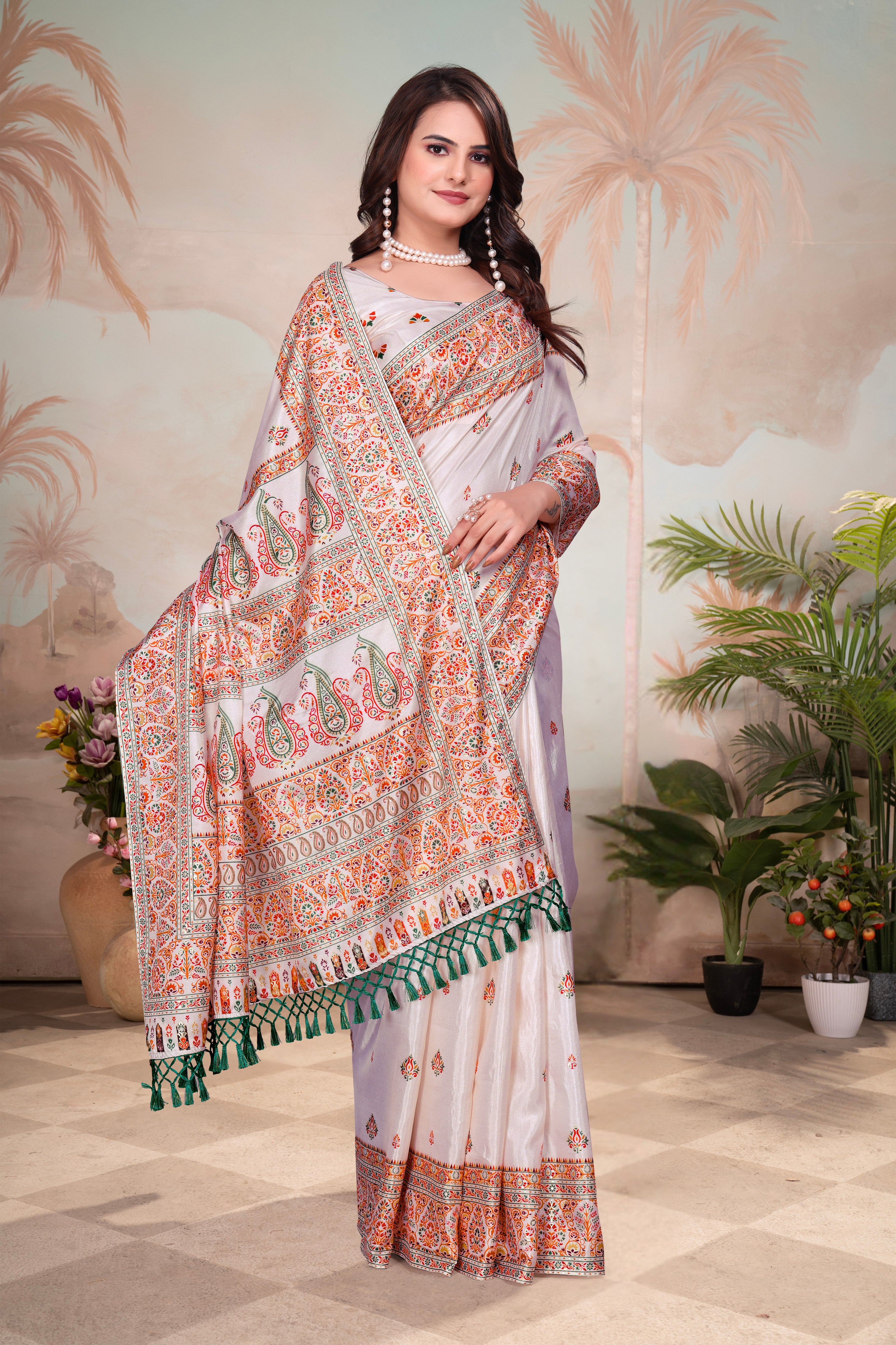 Ivory Paisley- White Organza Floral Print Saree