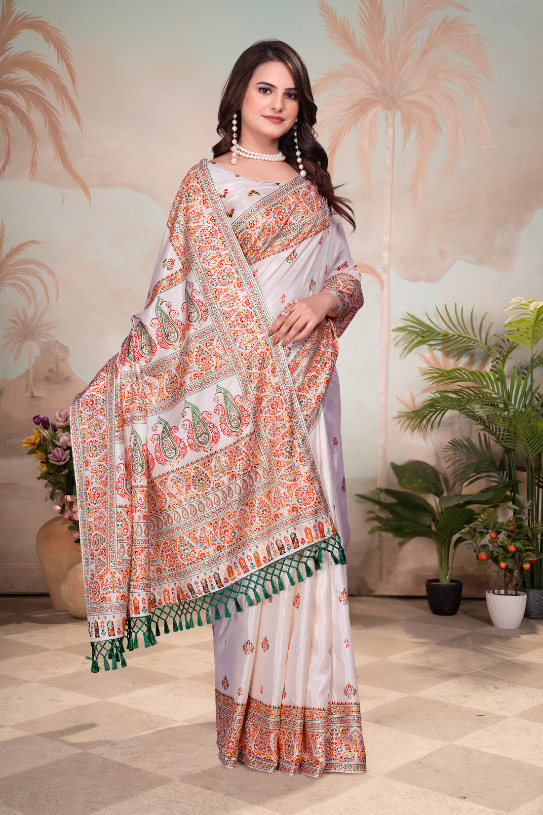 Ivory Paisley- White Organza Floral Print Saree