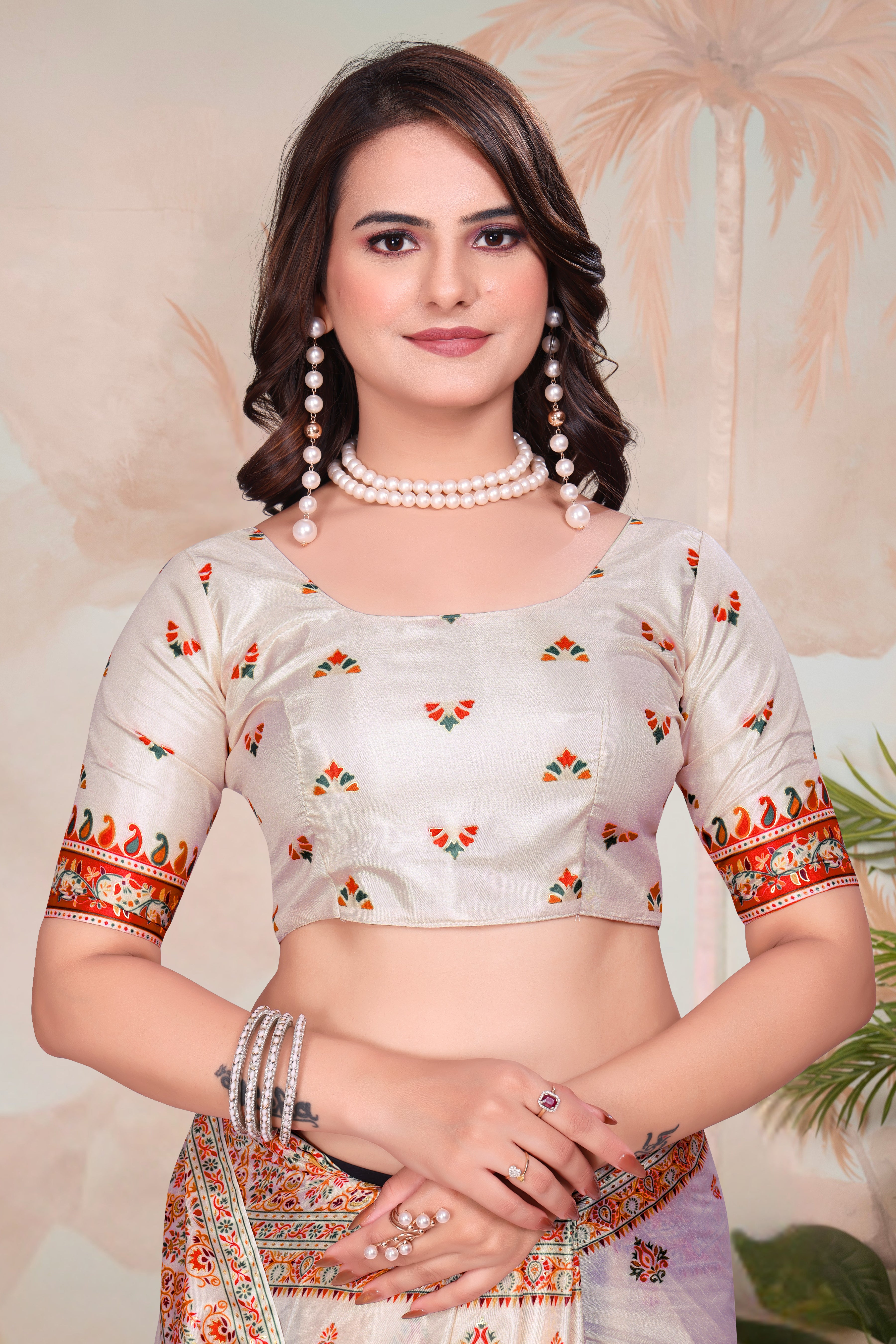 Ivory Paisley- White Organza Floral Print Saree