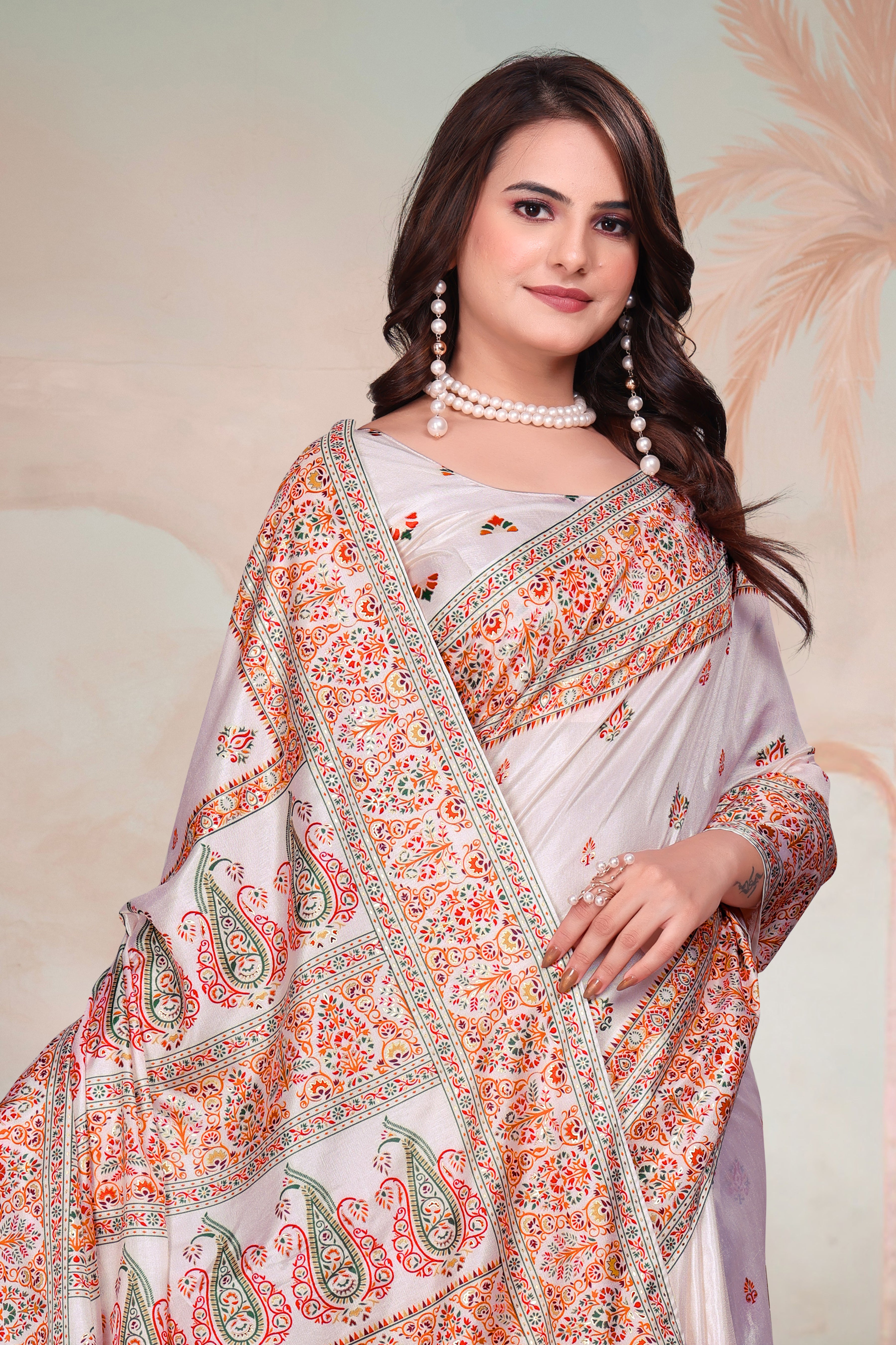 Ivory Paisley- White Organza Floral Print Saree